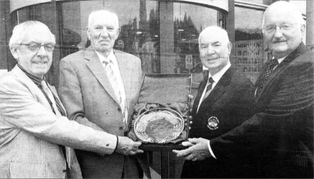 The Mayor, Councillor Ronnie Crawford and Alderman Ivan Davis present Denis Shephard Crewe United President and Chairman Tom McKenna with a plaque. US2508-505C0