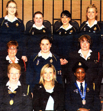 At the Queen's Award Presentations are:- Front, L-R: Morva Brown, GBNI President, Lynda Bryans, GBNI Patron, Ruth Chikasa, GB International President, Middle: Anne Russell, Captain Kilmakee GB, Sarah Anne Petrie Kilmakee GB, Alison Stevenson, Captain St Paul's GB. Back: Rachel Dickson, Sarah King, from Kilmakee GB, Lauren Mulholland and Laura Strain from St Paul's GB.