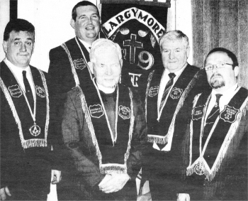 The recently installed Officers of Largymore Royal Black District Chapter Number Nine for the year 2008.2009. From left to right: District Registrar Sir Knight Ian Pedlow: District Master Sir Knight Ian Patterson: District Chaplain Rev. Gerry Sproule; Deputy District Master Sir Knight Tom Wilkinson: District Treasurer Sir Knight Stephen Lay,