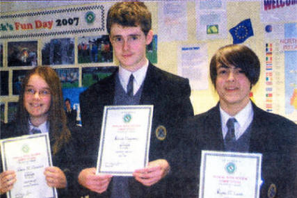 Year 10 winners - Ciara McMenamin, Patrick Magennis and Ryan McCann. Patrick was also overall winner of the competition