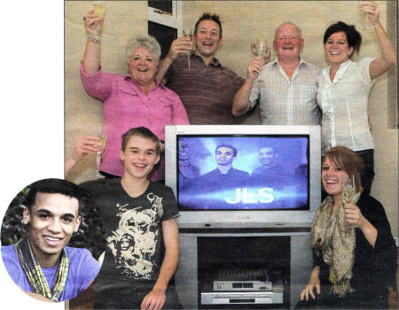 Aston Merrygold's family toast the success of his group JLS in ITV's X-Factor. Pictured from left: brother Conor (15), grandma Kathleen, dad Orjan, grandad Jim, mum Siobhan and sister Courtney (14). Picture: Georgi Mabee.