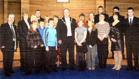 Members of Glenavy Accordion Band with Lisburn's Mayor Councillor James Tinsley.