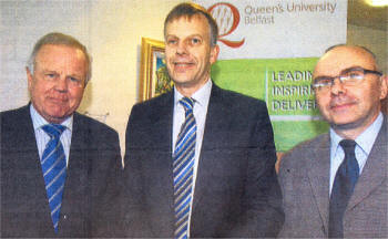 Local MLAs Trevor Lunn (Alliance) and Paul Butler (Sinn Fein) with Queen's Vice-Chancellor Professor Peter Gregson at the University's Roadshow in Lisburn