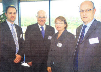 Pictured at Queen's Lisburn Roadshow are (from left) Stephen Barr, Almac Group Ltd; John Barrett, Coca Cola Bottlers (Ulster Ltd; Dr Mary Flynn, Knowledge Transfer Centre, Queen's; and Tom Edgar, Northern Ireland Technology Centre. Queen's