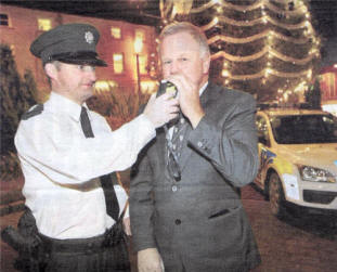Chief inspector David Moore, area commander for Lisburn, and Trevor Linn MLA, chairman of Lisburn Road Safety Committee, at the launch of the Christmas anti drink driving campaign. US481308-524cd