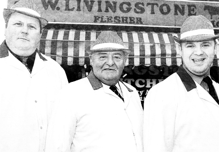Garry Stevenson with William and Stuart Livingstone of Livingstone Butchers Dunmurry which is closing after 45 years. US0408-103A0