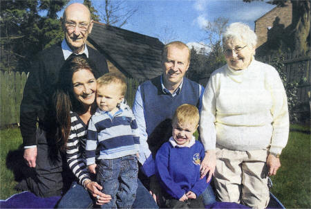 Sam McCausland with brother Callum, parents Tracy and William McCausland and grandparents Sam and Patricia Letters.