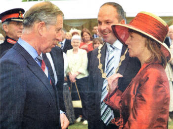 Prince Charles with the Mayor of Lisburn Councillor James Tinsley and Mayoress Margaret Tinsley at the Garden Party at Hillsborough.Photo John Harrison.