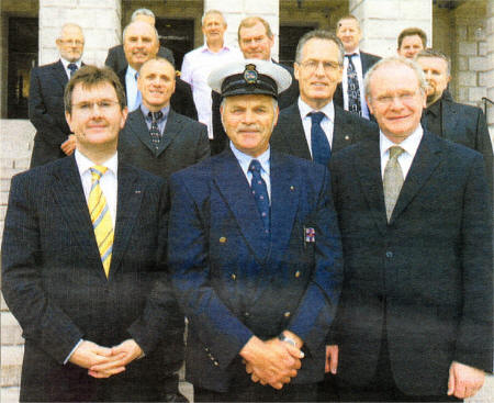Lagan Valley MP and Junior Minister Jeffrey Donaldson and Deputy First Minister Martin McGuinness with members of the Withernsea Lifeboat Crew and Junior Minister Gerry Kelly.