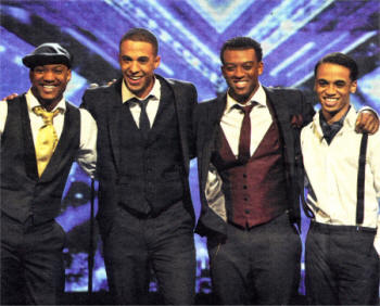 JLS, who performed 'Ain't that a Kick in the Head' last week on The X Factor. From left to right are: JB Gill, Marvin Humes, Ortise Williams and Aston Merrygold whose mother is originally from Dunmurry.
