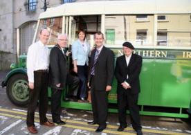 Getting on board Translink’s vintage 1940s bus are L to R: Alan Clarke (Lisburn City Centre Management), Councillor Allan Ewart (Mayor of Lisburn City Council), Councillor Jenny Palmer (Lisburn City Council Economic Development Chairman), Edwin Poots MLA (Environment Minister) and local artist Graham Catney.