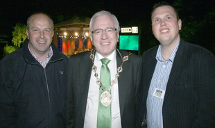 The Mayor of Lisburn City Council, Councillor Allan Ewart, pictured during the interval with former Mayor James Tinsley (left) and Councillor Andrew Ewing (right).