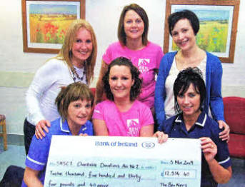 Back row: Karen Montgomery, Teresa Sloan and Melanie James (front row) Staff nurse Theresa Clarke, Donna Louise Waugh and Sister Annie Treanor, at the Mandeville Unit in Craigavon Hospital.