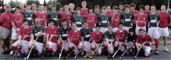 Pictured are the 32 boys and 4 members of staff from Friends' School Lisburn, at the India Field Hockey Club in Vancouver. The Boys are wearing their playing kits, sponsored by Alexander Boyd Displays and McCready Architects. 