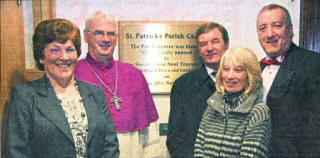 L to R: Maria McDonald (Parish Secretary), The Most Reverend Dr Noel Treanor, Bishop of Down and Connor, contractor Jim Ferguson [Bow Homes) and his wife Josephine and Pat Catney (Centre Manager). US4909- 