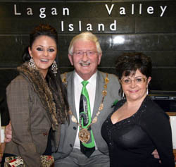 Debbie, who has just returned home from touring as lead dancer with Michael Flatley in Lord of the Dance, is pictured with her mother Betty and the Mayor, Councillor Ronnie Crawford.