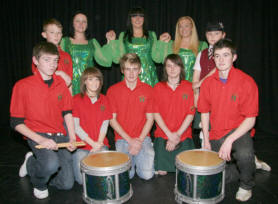 L to R: (back) Donna Feeney, Laura Jane McCartan and Grainne Clarke (The Irish Dancing Divas) and (front row) Simon Hodgett, Mark Kinley, Ronan Rogers, Keely Dougan, Jason Ligget, Eoin Rogers and William Magowan (Young Drums).