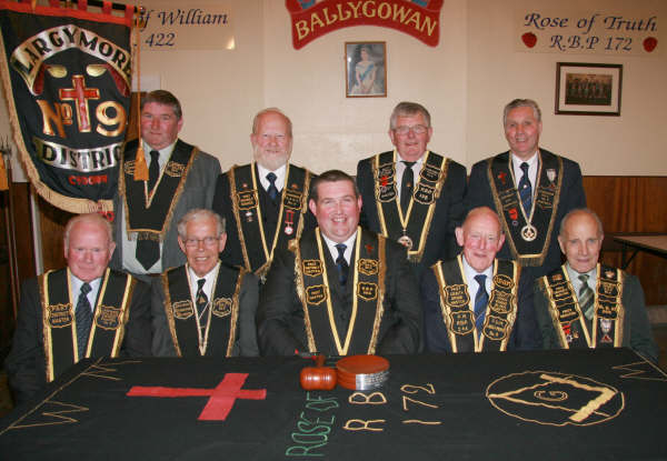 Largymore No 9 Past District Masters pictured at the installation of office bearers in Ballygowan Orange Hall on Friday 19th June. L to R: (front row) Sir Knt Walter Tucker, Sir Knt Jim Logan, Sir Knt Ian Patterson, Sir Knt Sidney Wilson and Sir Knt George Swain. (back row) Sir Knt William Wilkinson, Sir Knt Jim Halliday, Sir Knt Dennis Hall and Sir Knt Robert Orr.