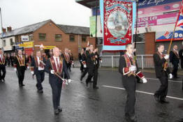 Broomhedge Apprentice Boys pictured during a short parade from St Paul’s Church to Bachelors Walk before boarding buses for the trip to Londonderry, stopping on route to enjoy a low calorie fry up.