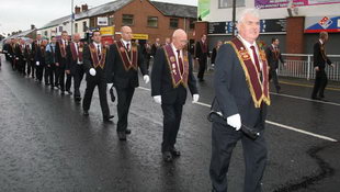 Broomhedge Apprentice Boys pictured during a short parade from St Paul’s Church to Bachelors Walk before boarding buses for the trip to Londonderry.