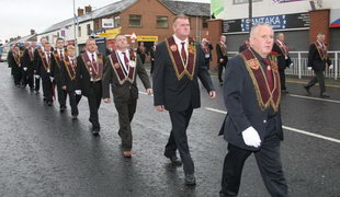 Broomhedge Apprentice Boys pictured during a short parade from St Paul’s Church to Bachelors Walk before boarding buses for the trip to Londonderry.