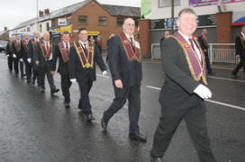 Stephen Ellison and Broomhedge Apprentice Boys pictured during a short parade from St Paul’s Church to Bachelors Walk before boarding buses for the trip to Londonderry.