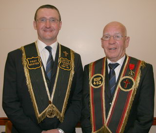 Jonathan Beattie (Past Master of Batts Golden Star RBP 116) and District Marshall Fred Willoughby (Lyons Royal Knights RBP 452).