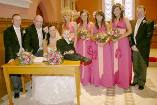 The bridal party. L to R: John Spence; Andrew, Julie & Tom Thompson; Nancy McKeown; Amy Hamilton; Stephanie McKeown; Lindsay Hamilton and Peter Brannigan. 