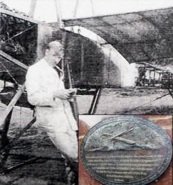 Harry Ferguson pictured in 1909 after he became the first Irishman to design, build and fly an aircraft. Inset: The plaque, designed by sculptor John Sherlock. US3309-550cd 