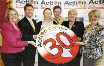 Joint CEO for Action Cancer Geraldine Kerr, Jeffery Donaldson MLA and breast cancer survivors Karen Blythe, Irene Sturgeon, Norma Bell, Joan McLaughlin.
