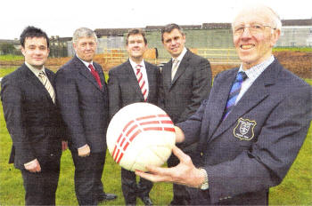 L—R Or David Archer, CIIr Brian Heading, Lagan Valley MP Jeffrey Donaldson, Lyle Andrew, Alpha Programme Steering Group and Stanley Coulter, Chair of Lisburn Rangers FC