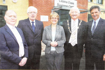 Left: Gerry McErlaine, Councillor Alan Ewan, Minister for Social Development Margaret Ritchie, Mayor Ronnie Crawford and Dennis Rooney Chairman International Fund for Ireland opening Cloona Business Centre. US1909-112A0