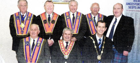 Grand Lodge Officers and County Antrim Grand Lodge officers including CM. William Leathem and Alderman Edwin Poots Deputy Mayor.
