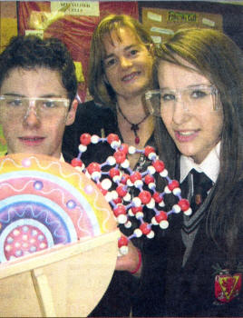 Year 11 students Gareth Miller and Anna Poots with coordinator of the STEM project in Wallace, Lois Stewart.