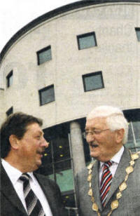 At Lagan Valley Island, Lisburn City council's Headquarters, is the Environment Minister, Sammy Wilson and the Mayor of Lisburn City Council, ClIr Ronnie Crawford.