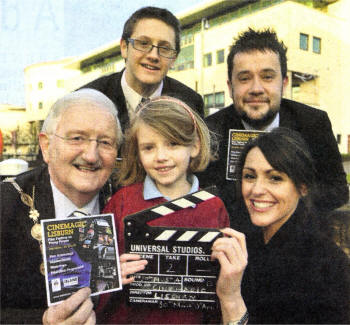 Launching the Cinemagic Lisburn Festival are (back row) John Roulston, a pupil at Wallace High, Councillor David Archer, Vice Chair of Leisure Services, (front row) Mayor, Councillor Ronnie Crawford, Abi Cleland, a pupil at Pond Park Primary and Cinemagic patron, actress Suranne Jones.