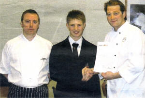 At the local Stage of the FutureChef 2009 Competition held at Lisburn Campus, South Eastern Regional College, are winner Andrew Michaelides of Wallace High School Lisburn and judges Derek Patterson of the Plough Hillsborough, and Jim Mulholland, Head Chef, Ballyrobbin Country House.
