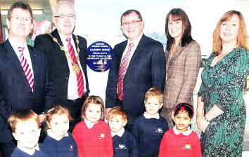 Jeffrey Donaldson, Lisburn Mayor Allan Ewart, Sam Baird Chairman of the Board of Governors, Tracey Castles Head of Barbour Nursery and Teacher Helen Malcom at the opening of Barbour Nursery's Garden Room. US5109-110A0
