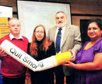 John McLaughlin, ex-smoker and speaker at the Briefing Day with Judith West, Cancer Prevention Officer, Ulster Cancer Foundation; John McClean from Lisburn, ex-smoker and speaker and Vishnee Sauntoo, Marketing Director, No Smoking Day
