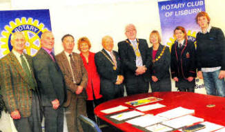 At the final of the Rotary Youth Leadership Development Competition which was held at Lagan Valiey Island are (l-r) John Montgomery, David Browne, Dale Carson, Rosie McCollum, President of the Lisburn club John Mcllroy, the Mayor Councillor Allan Ewart, President of the Lagan Valley club Anne Roulston and candidates Chloe Harris and Luke Williams. US4709-355DW