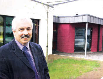 Mr Harry Stewart, principal, outside the new look Largymore Primary School. US2010-543cd
	