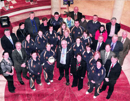 At a reception held by the Mayor of Lisburn, Councillor Allan Ewart for the All-Ireland Junior Ladies Gaelic Football Champions are members of the winning Antrim team; coaching staff; members of the Ladies Gaelic Football Association of Northern Ireland and Lisburn Councillors.