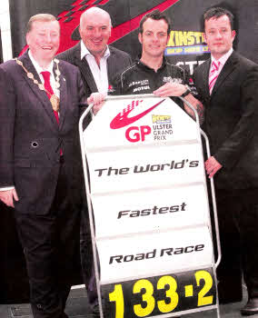 Mayor of Lisburn, Alderman Paul Porter, Noel Johnston, Clerk of the Course at the Dundrod Circuit, Cameron Donald of the Relentless TAS Suzuki Racing Team and Councillor David Archer from Lisburn City Council celebrate the launch of the new three-year TV deal with Greenlight TV and BBC Sport NI.