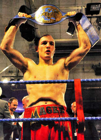 Brian Magee celebrates his European super-middleweight title defence. Pics by Russell Pritchard / Presseye.