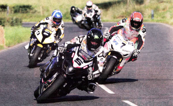Bruce Anstey (Relentless Suzuki) leads lan Hutchinson (Padgett's Honda), Keith Amor (KBMG BMW), Cameron Donald (Relentless Suzuki) and Guy Martin (Craig Honda) home in the second Superbike race at the Ulster Grand Prix. PlCTURE BY STEPHEN DAVlSON