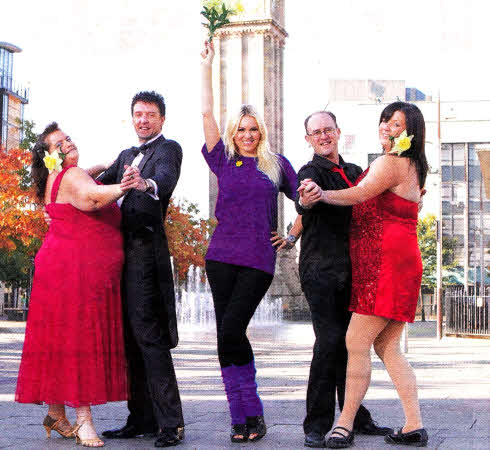 Zoe with (L-R) Ruth Steward and Jason Dean from Belfast and Ulster Salsa and Open Irish Salsa Champions Stephen McCune and Vicki Calvert from Lisburn ahead of next month's Chance to Dance event in Lisburn.