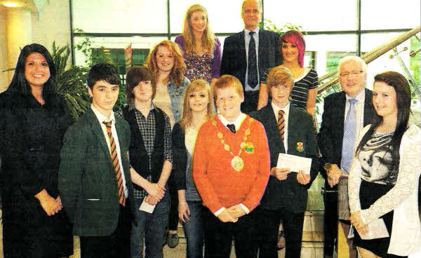 Pictured at the presentation of the 2010 Lisburn City Council Coca-Cola Bursary Awards to the winning young people are (front row I-r): Mrs Gillian Shields, Public Relations Executive NBC Northern lreland; Jack McMullen; Richard Allen; Caroline Black; Matthew Millar, Mayor for the day; Matthew Getty; Councillor Allan Ewart, former Mayor of Lisburn; Samantha Crocker and (back