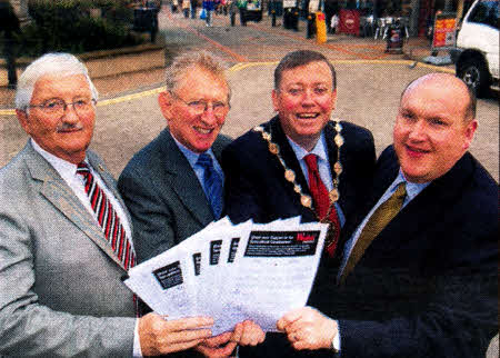 Cllr Ronnie Crawford, Albert Flemming, Mayor Paul Porter and CIlr William Leathem with petitions in support of the John Lewis store coming to Lisburn. US381O-562cd