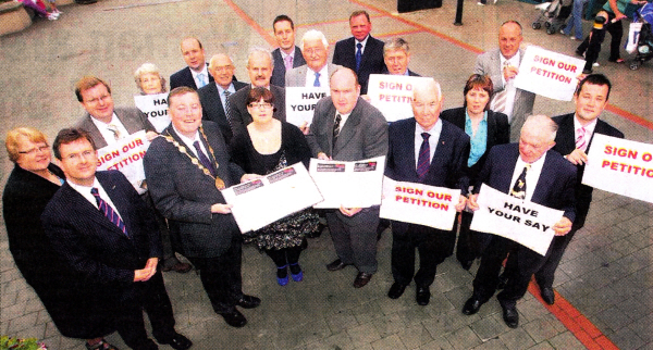 Lisburn Councillors pictured in Bow Street calling on people of Lisburn to make their voice heard on the John Lewls subject. US3510-105A0 Picture By Aidan O'Reilly