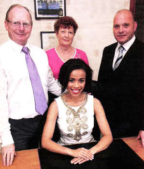 Miss Northern lreland Lori Moore who is competing in Miss World, with her grandparents Victor and Rosemary Moore with David Capper of Elwood am Capper Funeral Directors- US3810-184A0